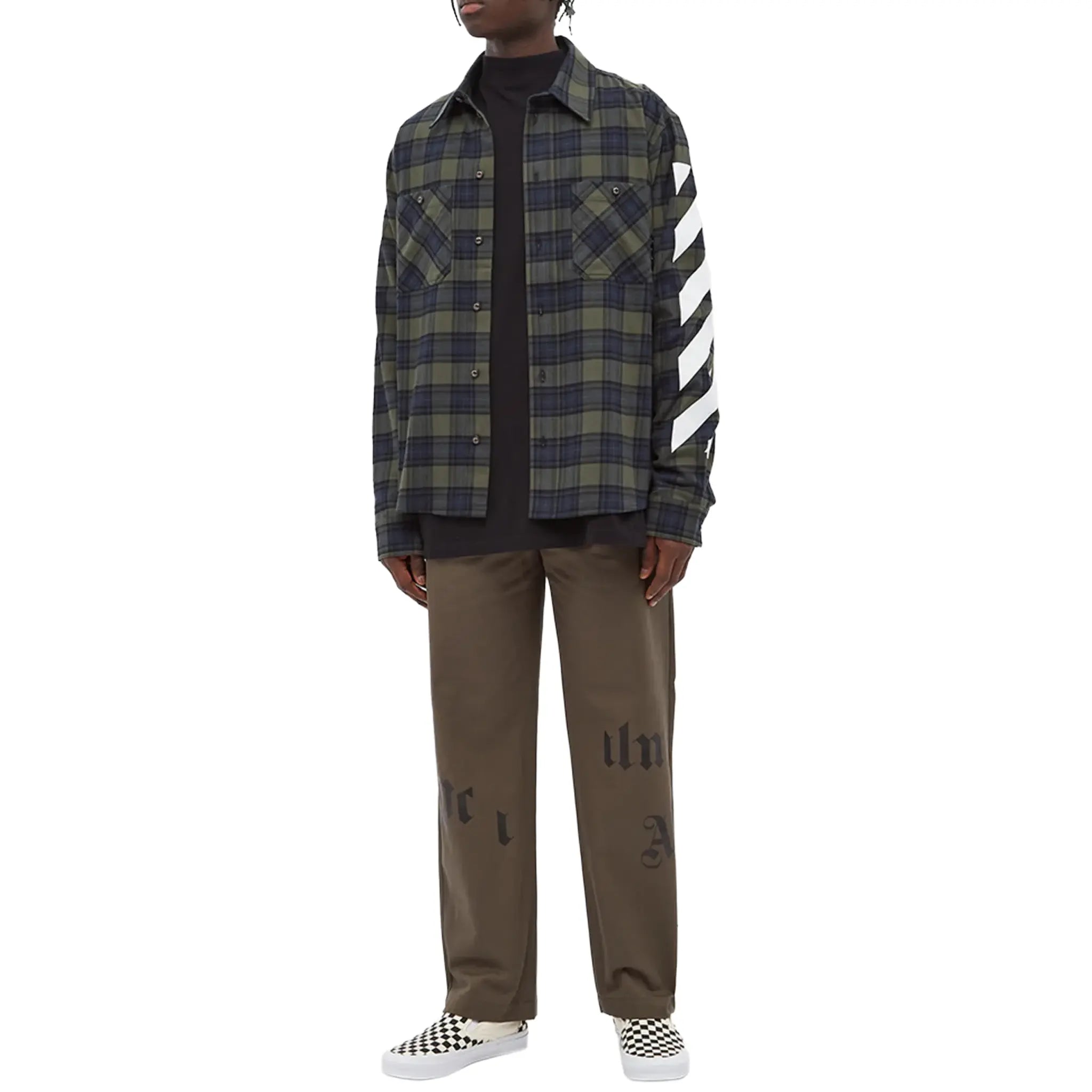 Model Full View of Off-White Diagonal Check Green Flannel Shirt OMGA133S21FAB0015701
